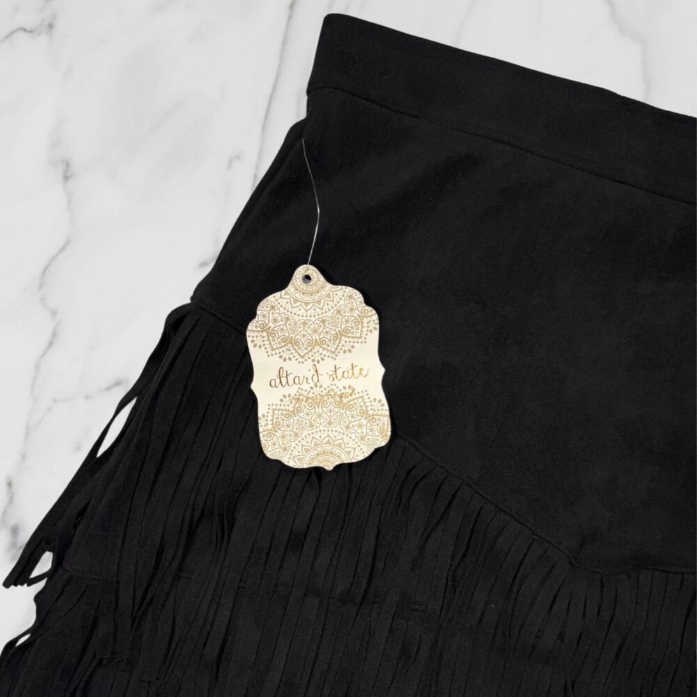 Altar'd State Black Faux Suede Tiered Fringe Western Mini Skirt Size Small - Picture 5 of 9
